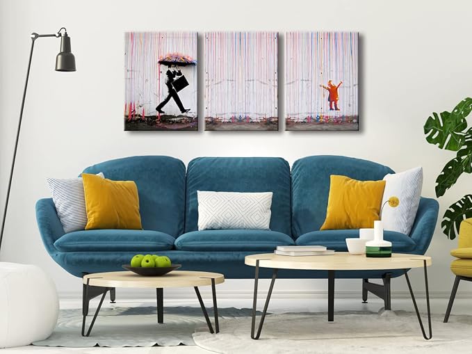 Wieco Art 3 Piece Banksy Famous Canvas Paintings Wall Art Raining day Modern - Image 3