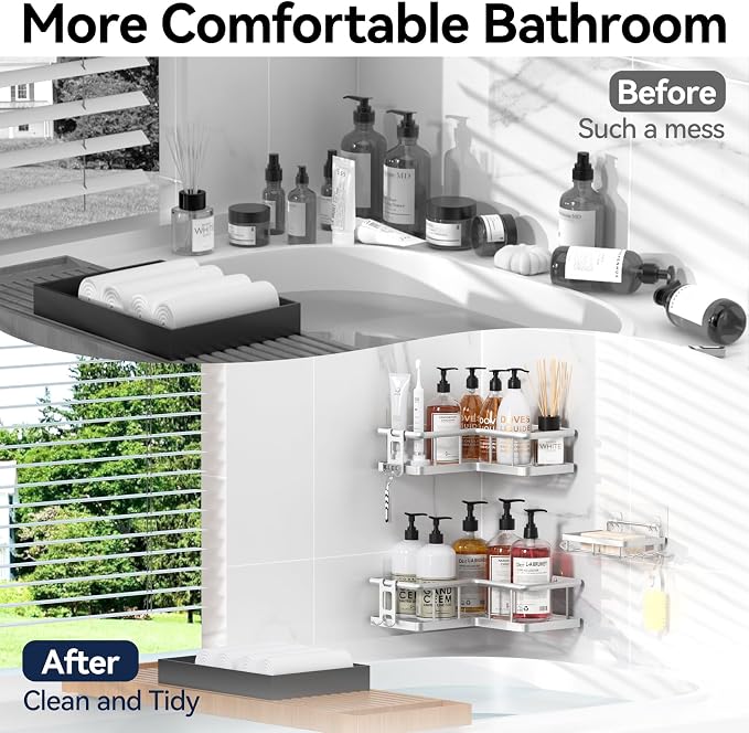 YASONIC Corner Shower Caddy Organizer, Self-Adhesive Rustproof Bath Shelves - Image 8