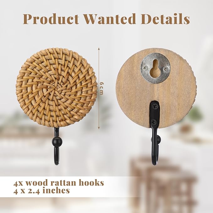 Colingmill 4 Pcs Boho Rattan Wall Towel Hooks Decorative Woven Hanging Holder - Image 2