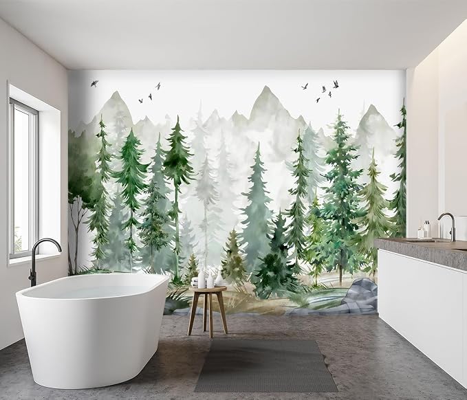 -Green Cartoon Pine Forest Nursery Fabric Wallpaper - Image 3