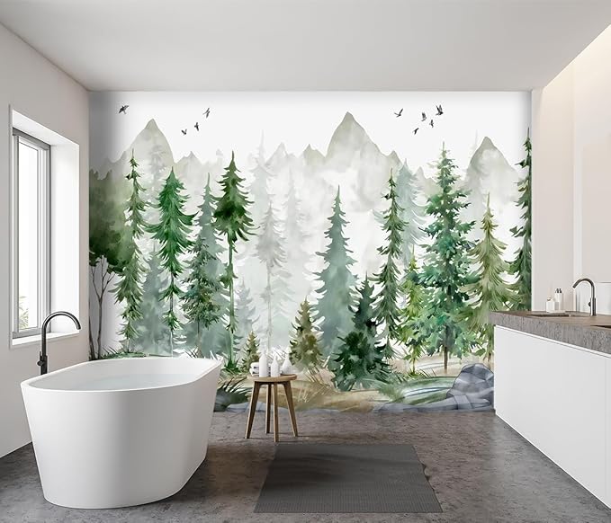 -Green Cartoon Pine Forest Nursery Fabric Wallpaper - Image 3