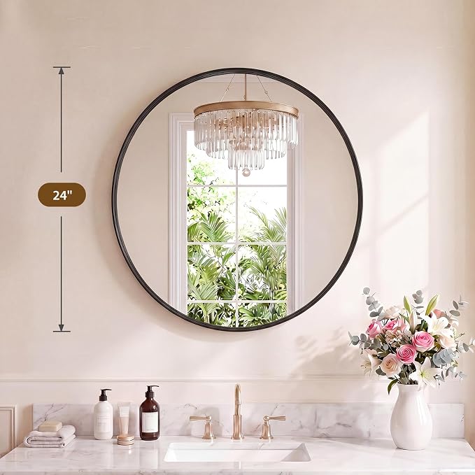 NEWBULIG 24-Inch Round Wall Mirror, Bathroom Wall Circle Mirror - Image 2