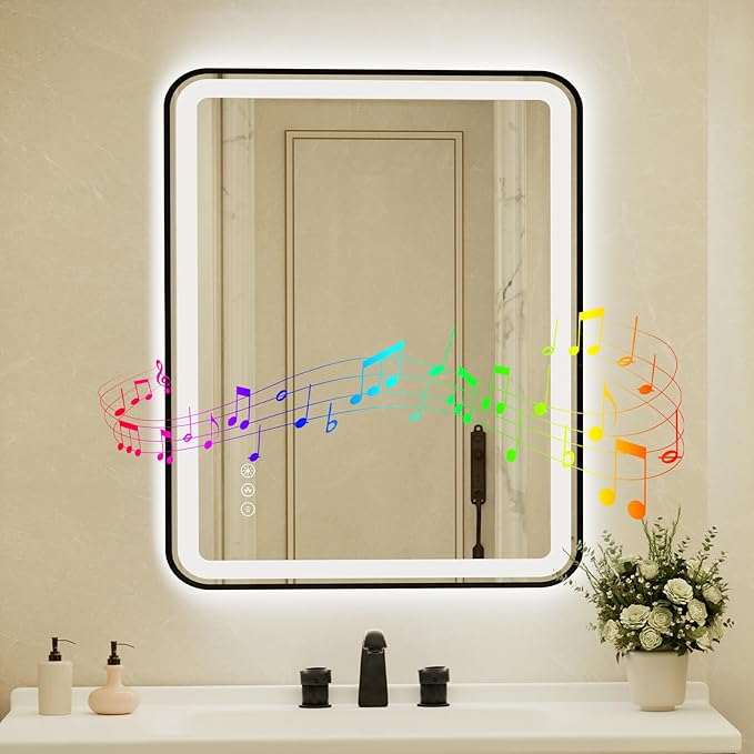 28x40 Inch Black Framed LED Bathroom Mirror by Unknown