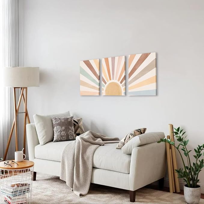Boho Sun Wall Art Set of 3, Framed Canvas Wall Art Rainbow Sun Rising on the - Image 6
