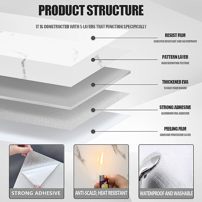 10pcs Peel and Stick Tile Shower Waterproof Marble Tiles Wall Panels, - Image 6