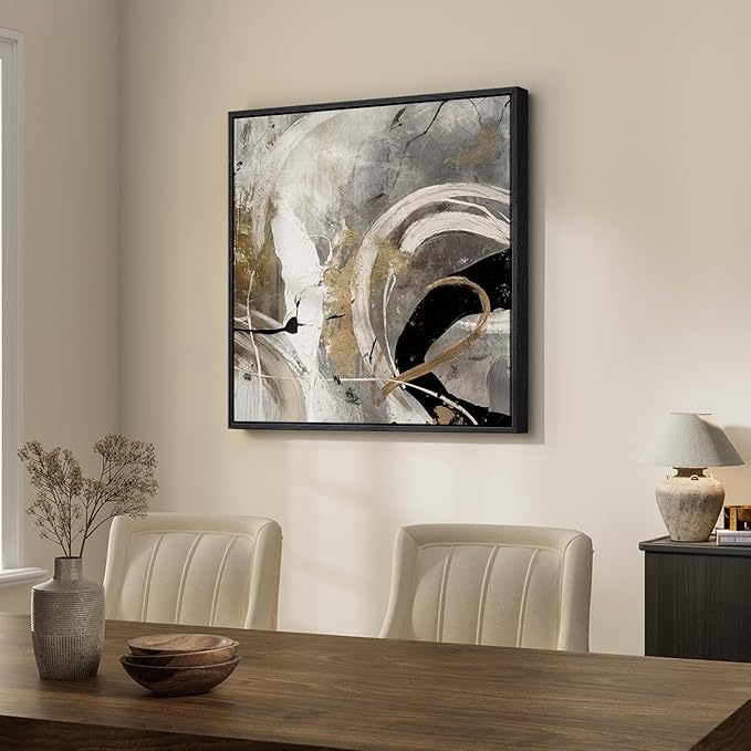 Framed Neutral Abstract Wall Art, Modern Gray Black Gold Canvas Prints Artwork - Image 2