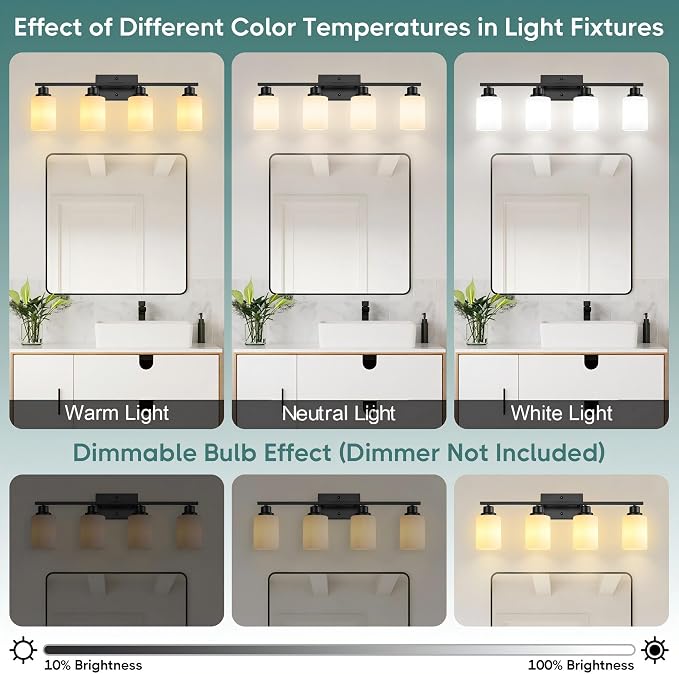 Ascher Bathroom Light Fixtures, 4-Light Vanity Light Over Mirror, Matte Black - Image 9
