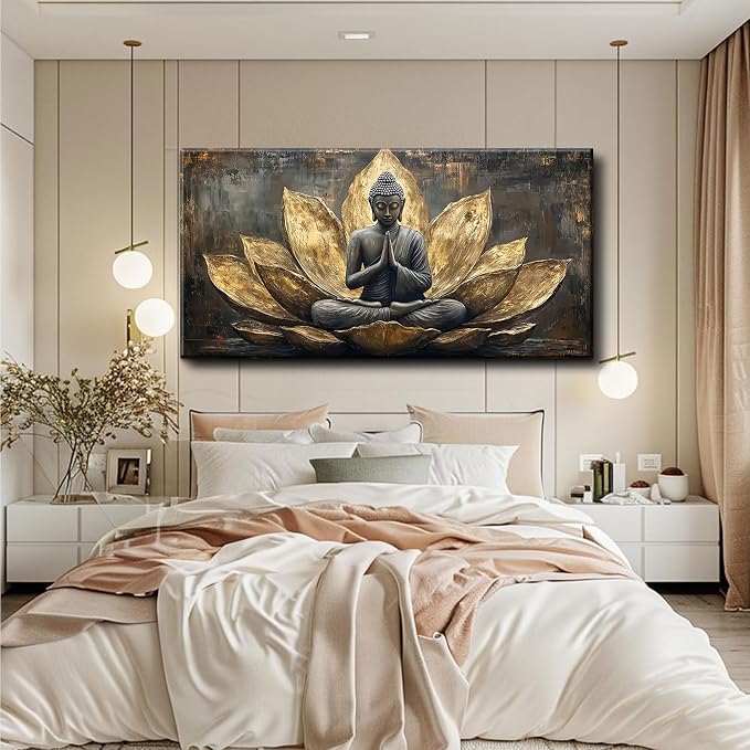 Large Buddha Lotus Canvas Wall Art Abstract Gold and Grey Zen Buddhism Decor - Image 6