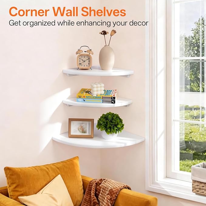 Gieanoo White Corner Wall Shelf 7inch Solid Oak Wood Floating Corner Shelf - Image 2