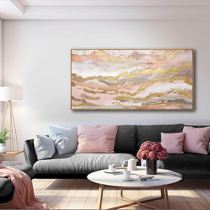 YJYart Canvas Wall Art Gold Living Room Decor Pink Canvas Art Room Decor - Image 2