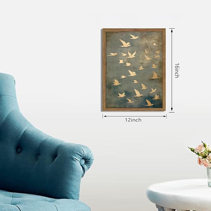 Framed Flock of Birds Canvas Wall Art, Vintage Minimalist Abstract Landscape - Image 3
