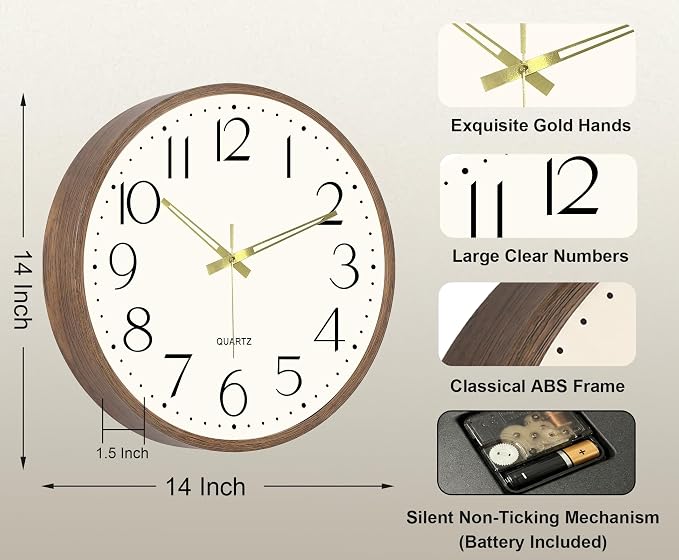 Vintage Wall Clock 14 Inch Quartz Silent Non-Ticking Analog Clock Battery - Image 3