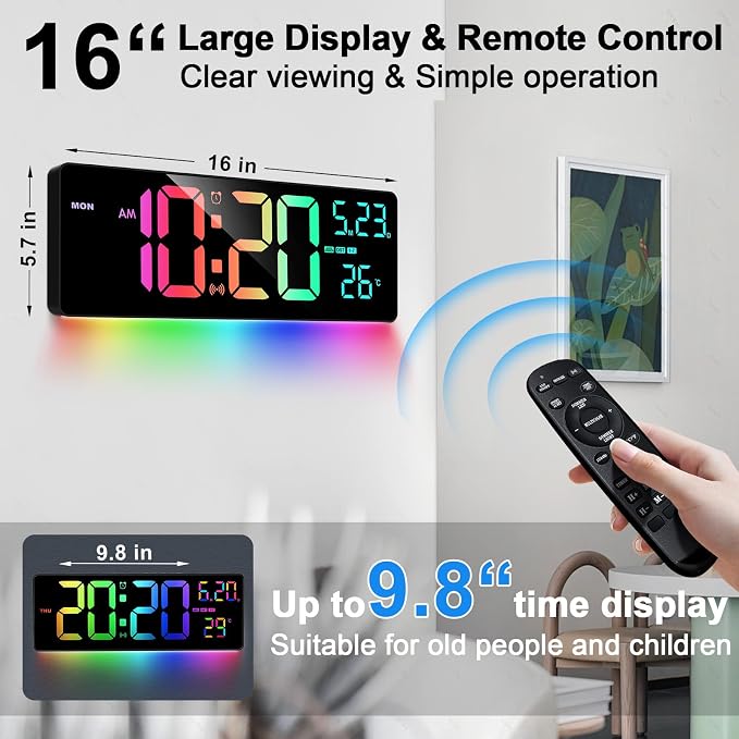 16" Bluetooth Large Digital Wall Clock/Auto Time Sync, 10 RGB Colors Digital - Image 7