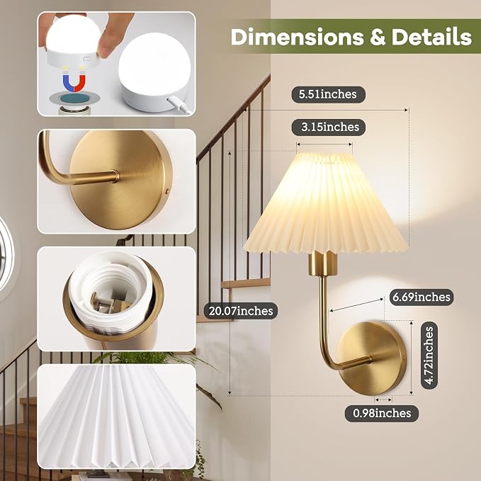 Wireless Wall Sconce Sets of 2, Pleated Shades Rechargeable Battery Operated - Image 5