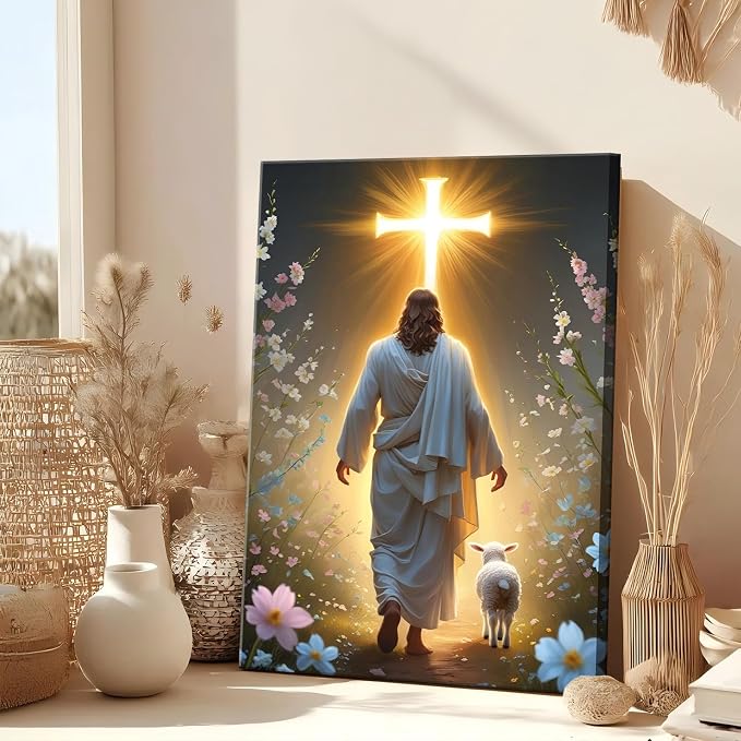 Jesus and Lamb Canvas Wall Art Christian Cross Jesus Walking Toward Light Wall - Image 2