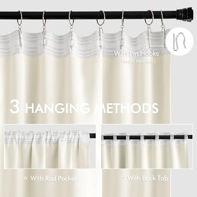 MIULEE Cream Back Tab Blackout Curtains 120 Inch Long 2 Panels Set - Image 3