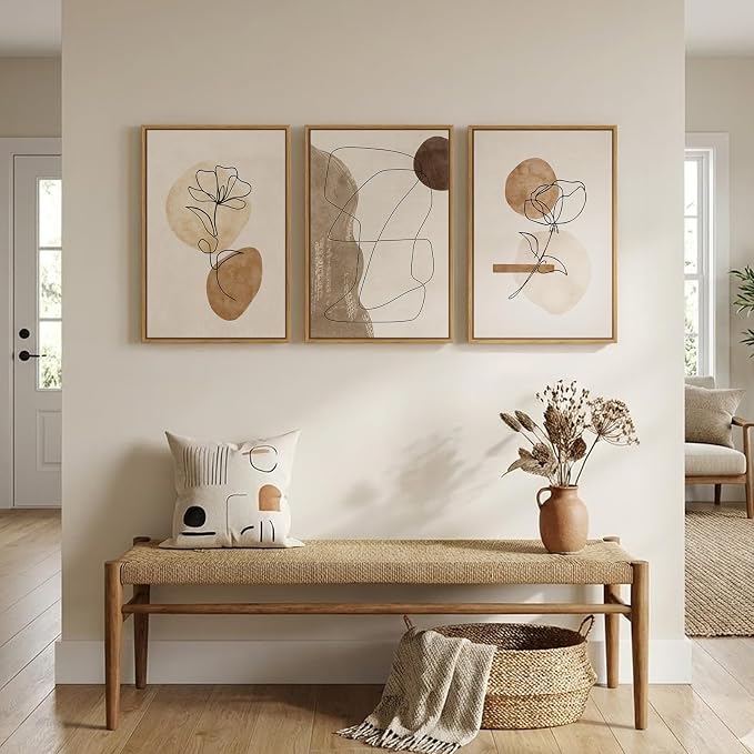 Framed Neutral Abstract Boho Wall Art Bedroom, 3 Piece Brown Black Botanical - Image 8