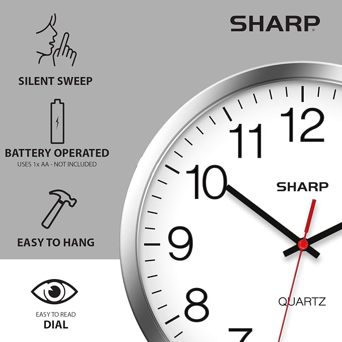 Sharp Wall Clock – Silver/Chrome, Silent Non Ticking 10 Inch Quality Quartz - Image 5