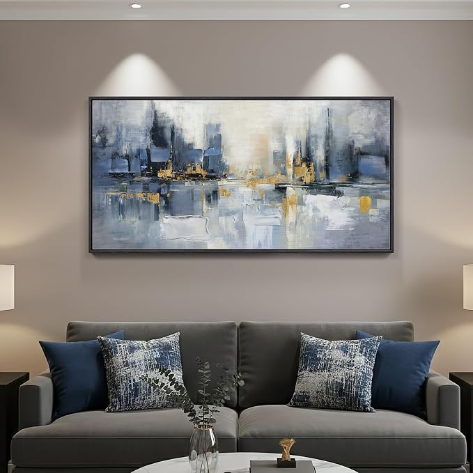 Framed Blue Abstract Wall Art for Living Room, Extra Large Modern Cityscape - Image 8