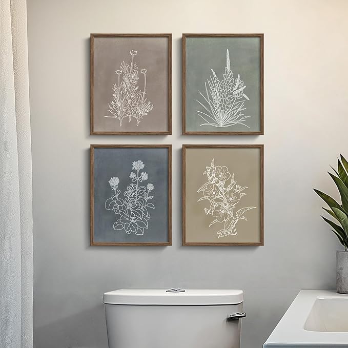 Boho Framed Botanical Wall Art for Bathroom Decor, 4 Piece Rustic Floral Canvas by Cuspin
