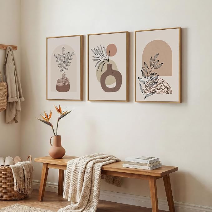 Framed Neutral Boho Wall Art Bedroom, 3 Piece Abstract Bohemian Brown Botanical - Image 2