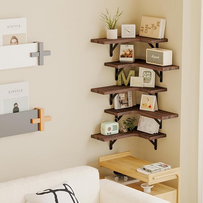Fixwal Floating Shelves for Wall Set of 5, Rustic Wood Wall Mounted Corner - Image 5