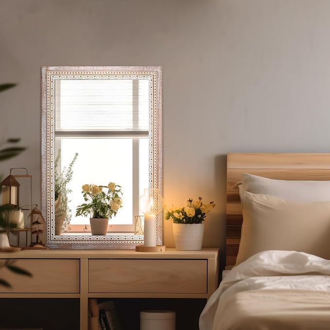 36x24 Inch Rustic Farmhouse Rectangle Bathroom Mirror Decorative, Boho Wooden - Image 7