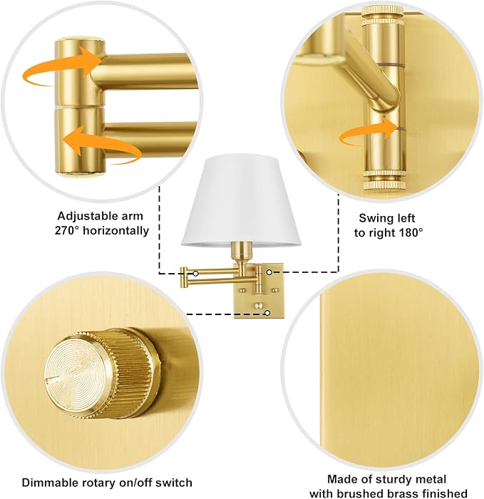 TRLIFE Wall Sconce Plug in, Brushed Brass Dimmable Wall Sconces Set of 2 Swing - Image 3