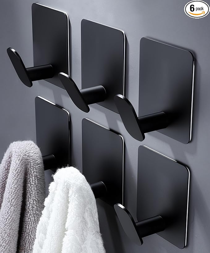 DELITON Black Towel Hook 6 Pack, Stainless Steel Stick on Wall Hooks by DELITON
