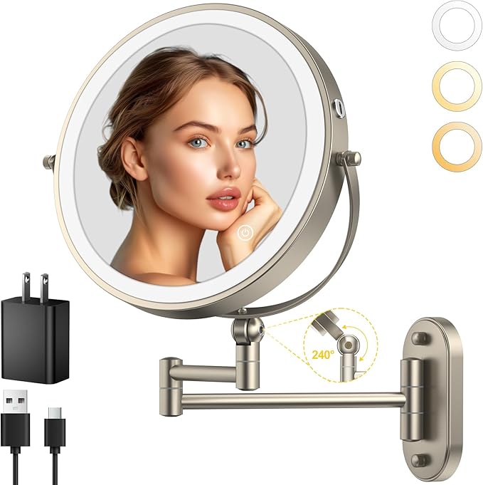 IMIKONA 9" Wall Mounted Lighted Makeup Mirror, 4000mAh Rechargeable Double by IMIKONA
