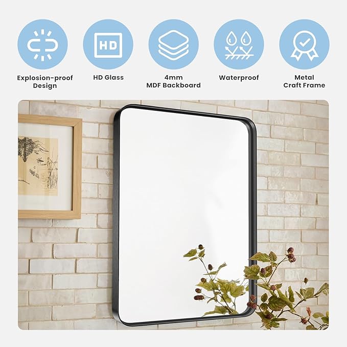 Bathroom Mirror for Wall, 40x30 Inch Rectangle Mirror, Matte Black Metal Framed - Image 5