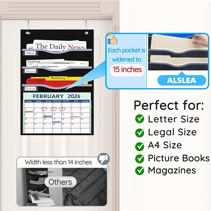 ALSLEA 4 Pockets Hanging Wall File Organizer 15" Extra Wide Pocket Chart - Image 2