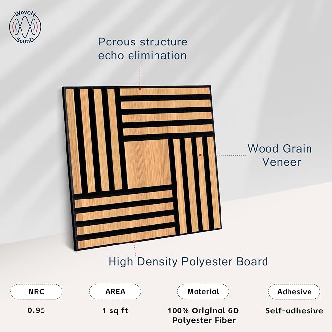 WoveN SounD Artisan Acoustic Wall Panels, 16 Pack 12x12 Inch, PVC Wood Grain - Image 3