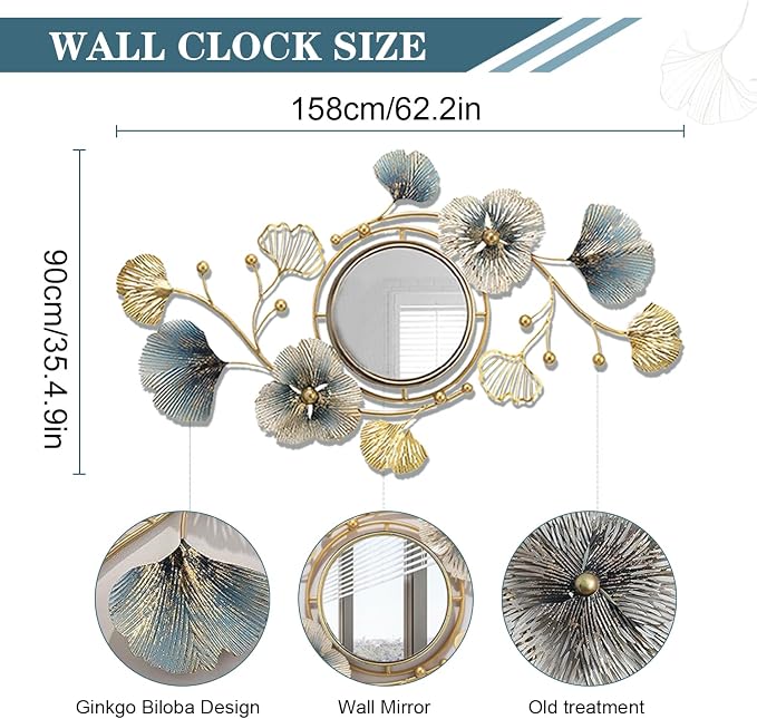 Metal Wall Mirrors Decor, Large Ginkgo Leaf Wall-Mounted Mirrors, Big Wall - Image 2
