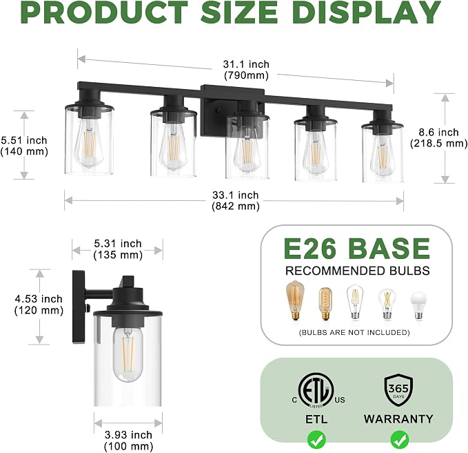 DORESshop Bathroom Light Fixtures, 5-Light Black Bathroom Lighting Fixtures - Image 3