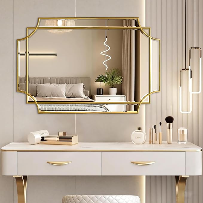 HQiJun Gold Mirror for Wall, 36x24 Gold Wood Framed, Scalloped Beveled Polished - Image 5