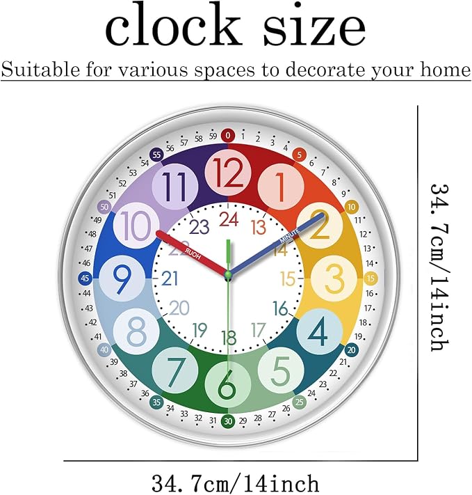 XFM Colorful Kids Wall Clock 14 Inch Silent Wall Clocks Battery Operated - Image 6