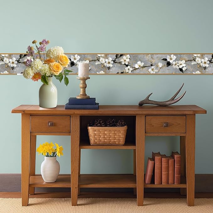 Cherry Blossom Wallpaper Border 196x4 Inch Peel and Stick Wall Border Gray - Image 6