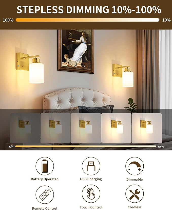 Rayogale Battery Operated Wall Sconce Set of 2, Easy Install Dimmable Cordless - Image 3