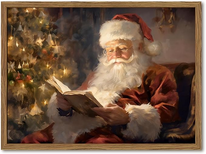 Framed Vintage Christmas Canvas Wall Art, Santa Claus Reading Book Paintings by Unknown