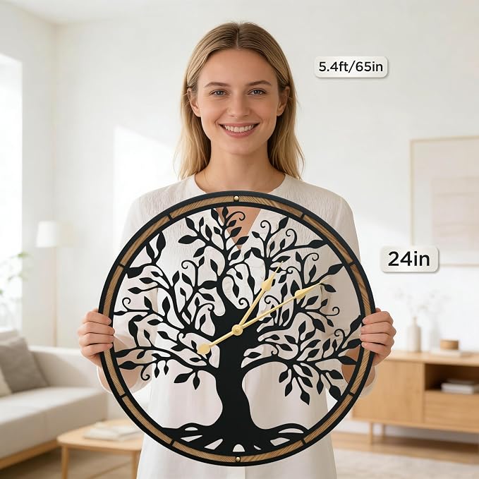 Micasso Farmhouse Large Wall Clock: 24 Inch Rustic Tree of Life Metal - Image 2