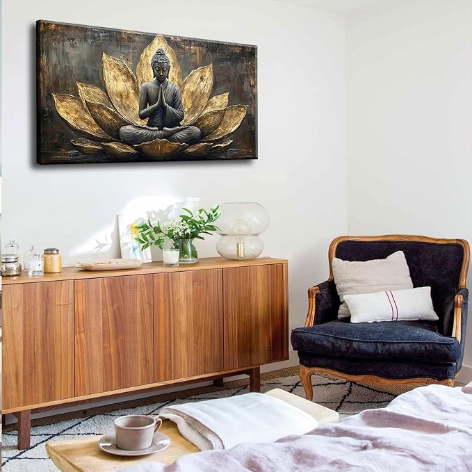 Large Buddha Lotus Canvas Wall Art Abstract Gold and Grey Zen Buddhism Decor - Image 8