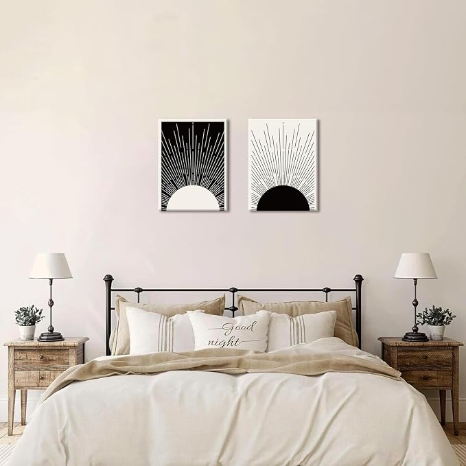 Hwetui Framed Boho Sun Wall Art Set of 2 Black and White Minimalist Sunrise - Image 6