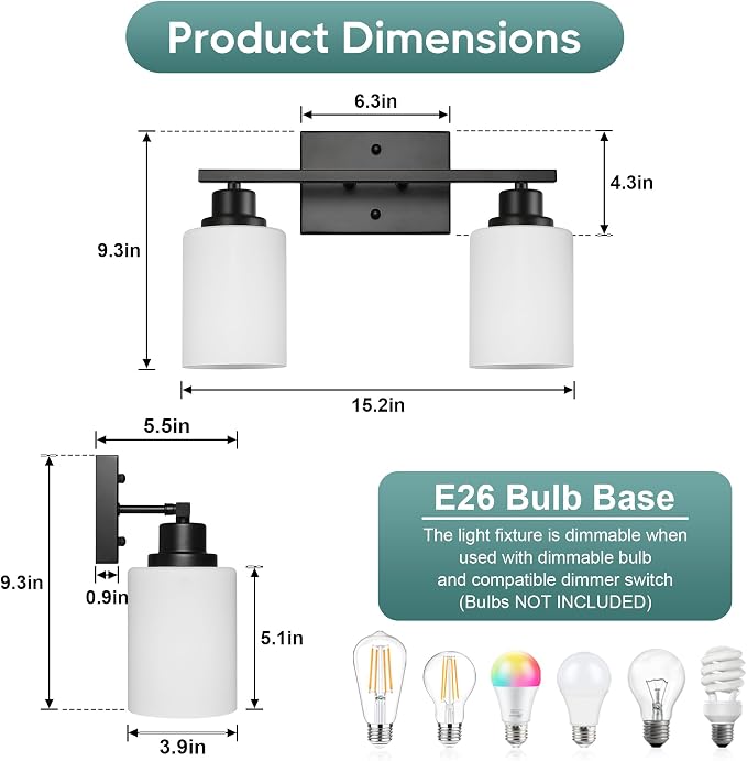 Ascher Bathroom Light Fixtures, 2-Light Vanity Light Over Mirror, Matte Black - Image 2