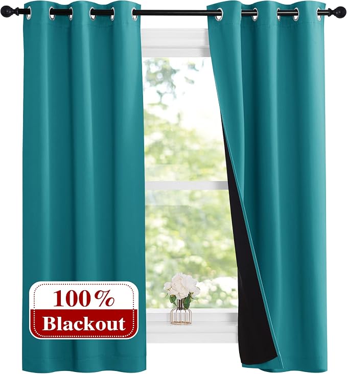 NICETOWN Peacock Teal 100% Blackout Lined Curtains, 2 Thick Layers Narrow Wide by NICETOWN