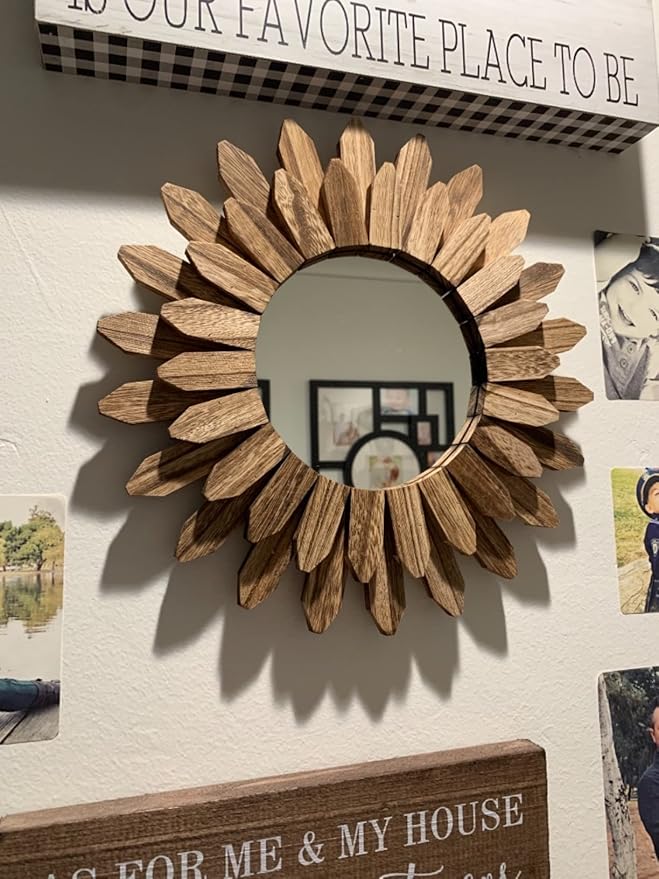 Honiway Wall Mirror Decorative 12 inch Rustic Wood Mirror Sunburst Boho Mirror - Image 4