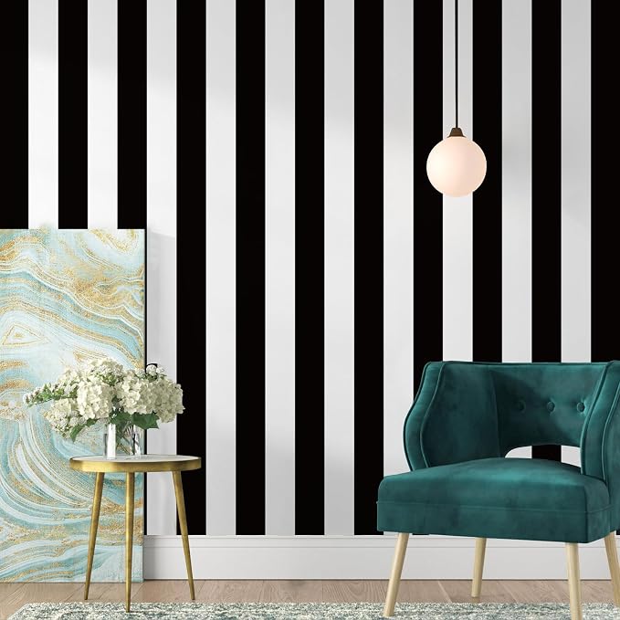 Jeweluck Black and White Wallpaper Peel and Stick Wall Paper 17.7”x393.7” Black by Jeweluck
