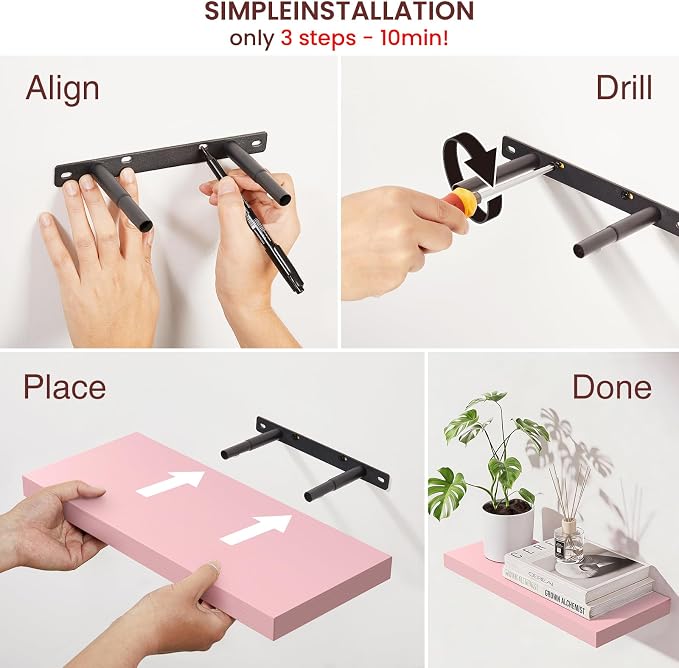 BAYKA Pink Floating Shelves for Wall Set of 3, 15.7in Wood Wall Shelves for - Image 5