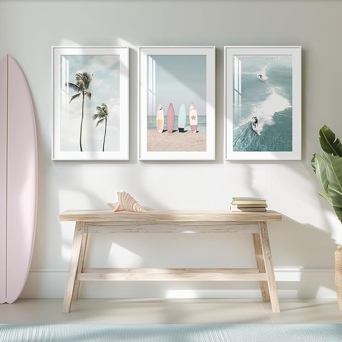 Framed Coastal Wall Art for Living Room, 3 Piece Beach Surfboard Palm Tree - Image 4