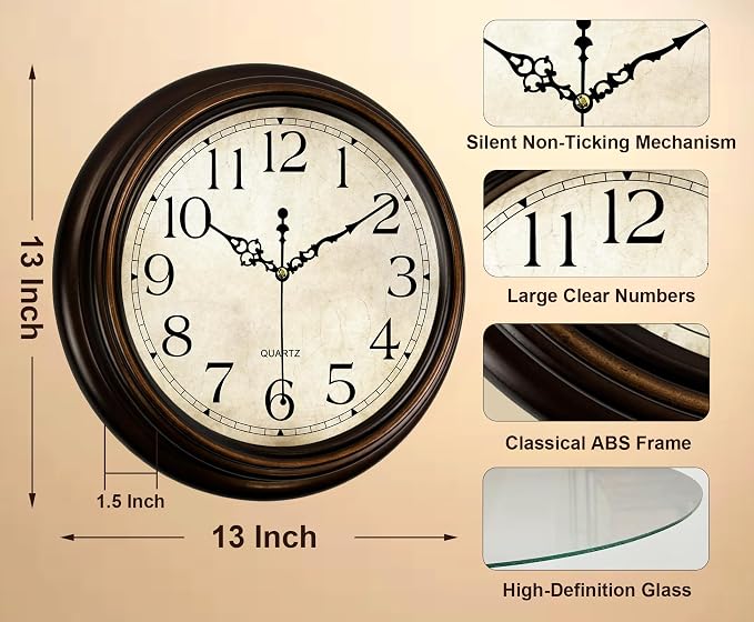 Vintage Wall Clock 13 Inch Quartz Silent Non-Ticking Analog Clock Battery - Image 3